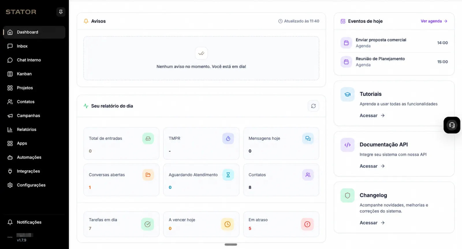 Dashboard do CRM STATOR