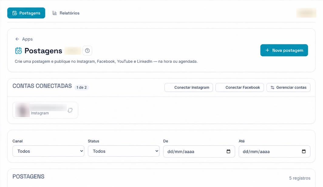 Central de postagens da STATOR com contas conectadas, filtros e fila de publicações